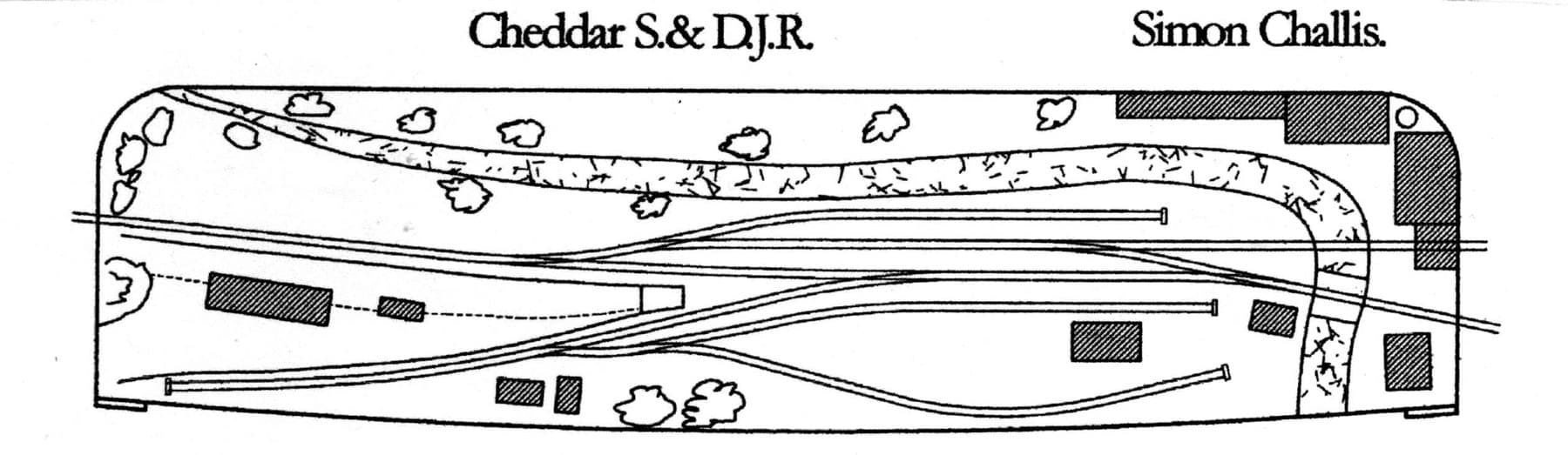 Track plan of Cheddar S&DJR, with the station, quarry sidings and mill between two fiddle yards
