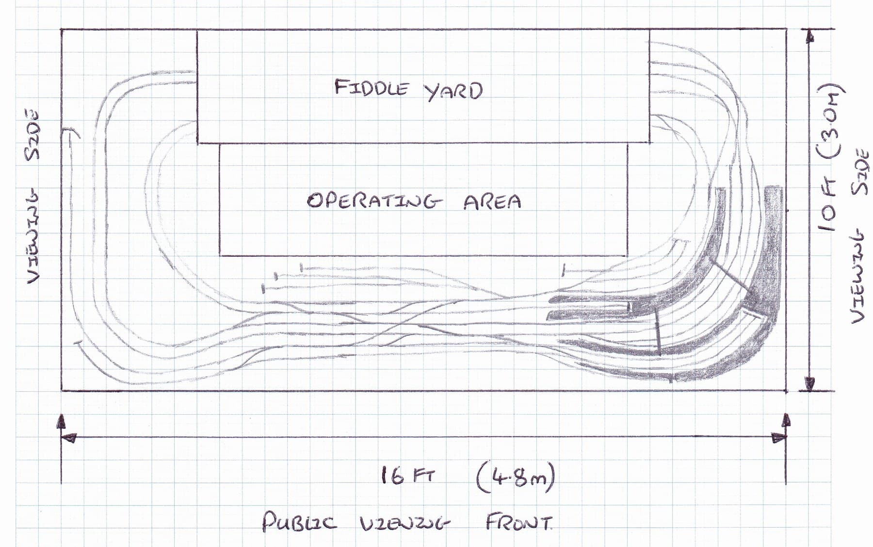 Plan of Karlisle: an oval 16ft by 10ft, viewed from the front and both sides, with the fiddle yard at the back